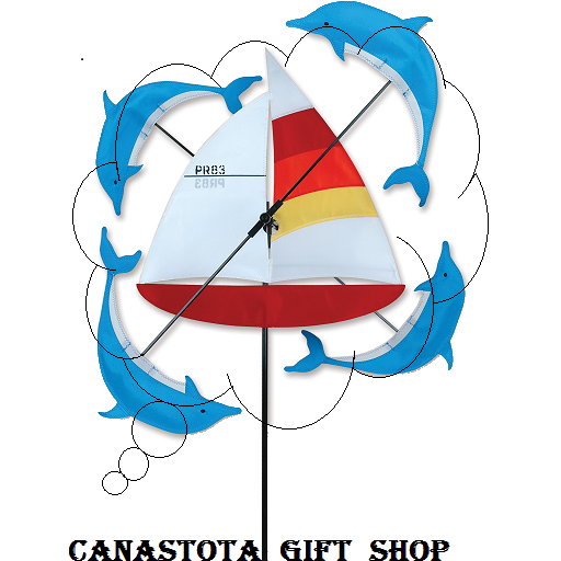 21818  18" Sailboat & Dolphins: Whirligig Size: 17 in. X 18 in.           diameter: 30.5 in. upc #630104218188